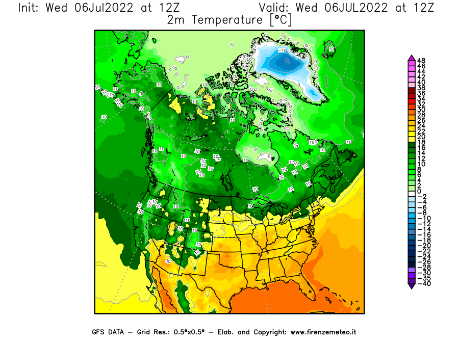GFS analysi map - Temperature at 2 m above ground [°C] in North America
									on 06/07/2022 12 <!--googleoff: index-->UTC<!--googleon: index-->