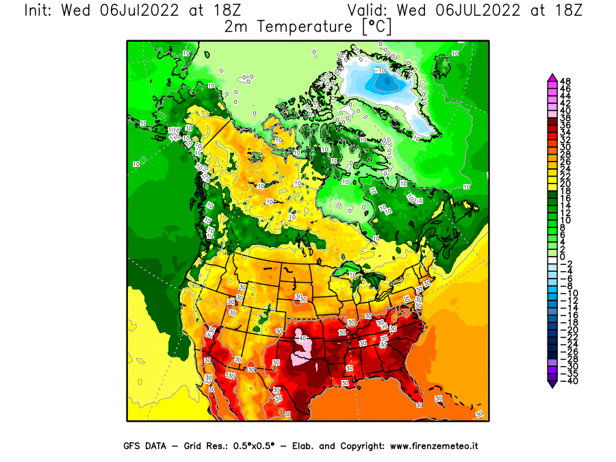 GFS analysi map - Temperature at 2 m above ground [°C] in North America
									on 06/07/2022 18 <!--googleoff: index-->UTC<!--googleon: index-->