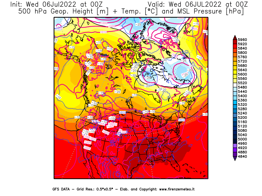 GFS analysi map - Geopotential [m] + Temp. [°C] at 500 hPa + Sea Level Pressure [hPa] in North America
									on 06/07/2022 00 <!--googleoff: index-->UTC<!--googleon: index-->