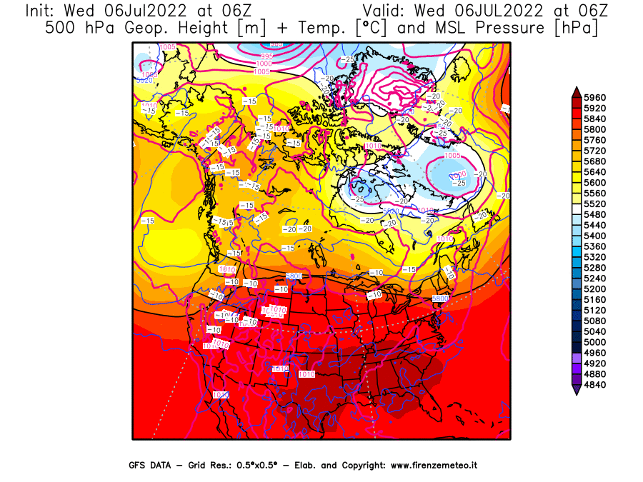 GFS analysi map - Geopotential [m] + Temp. [°C] at 500 hPa + Sea Level Pressure [hPa] in North America
									on 06/07/2022 06 <!--googleoff: index-->UTC<!--googleon: index-->