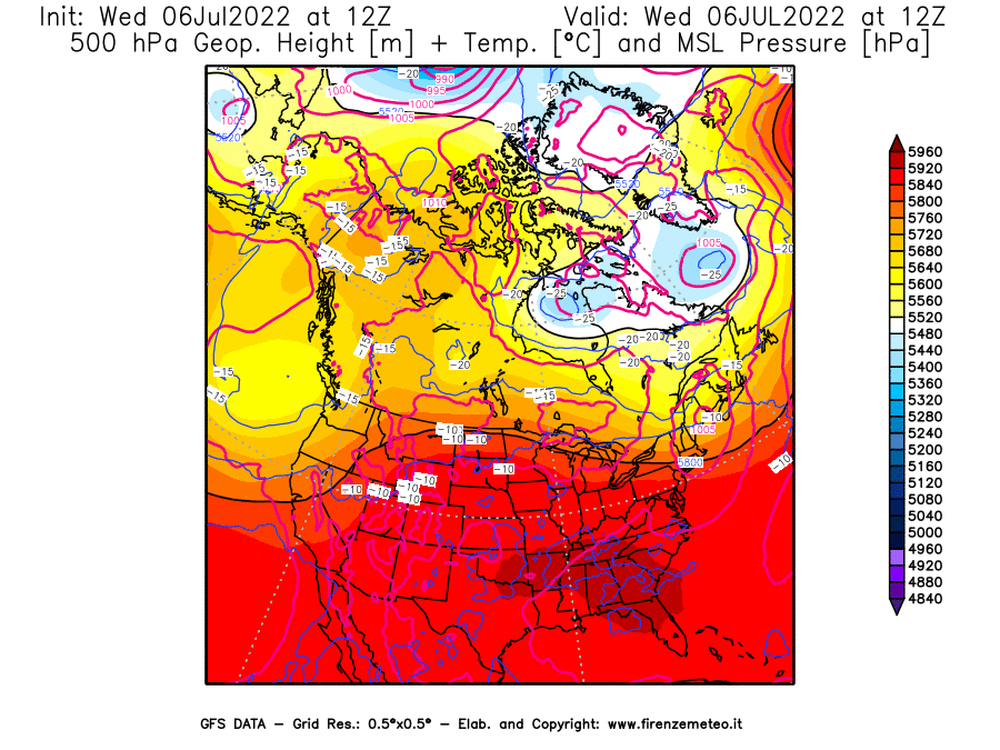 GFS analysi map - Geopotential [m] + Temp. [°C] at 500 hPa + Sea Level Pressure [hPa] in North America
									on 06/07/2022 12 <!--googleoff: index-->UTC<!--googleon: index-->