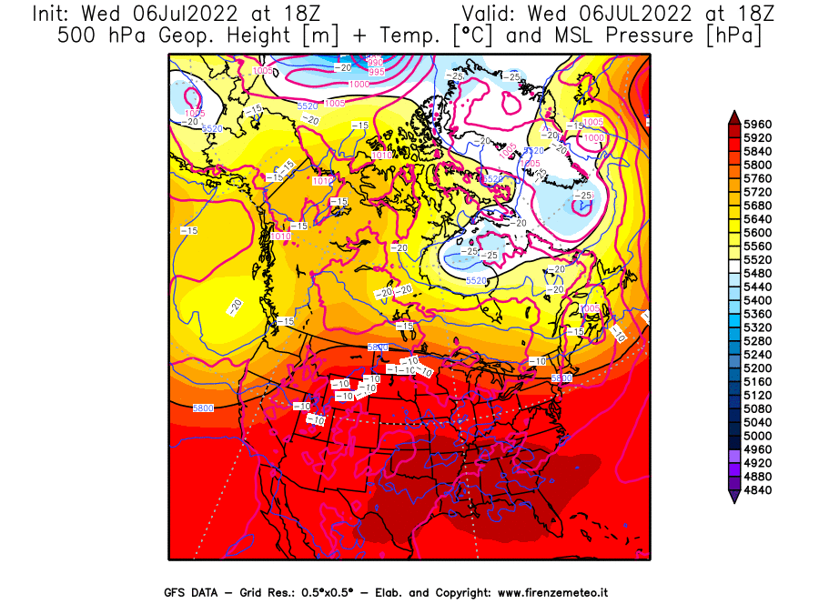 GFS analysi map - Geopotential [m] + Temp. [°C] at 500 hPa + Sea Level Pressure [hPa] in North America
									on 06/07/2022 18 <!--googleoff: index-->UTC<!--googleon: index-->