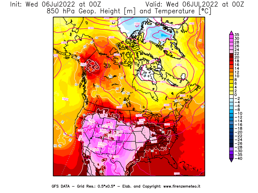 GFS analysi map - Geopotential [m] and Temperature [°C] at 850 hPa in North America
									on 06/07/2022 00 <!--googleoff: index-->UTC<!--googleon: index-->