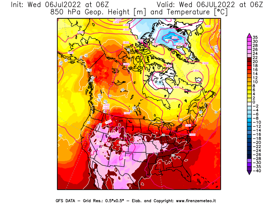 GFS analysi map - Geopotential [m] and Temperature [°C] at 850 hPa in North America
									on 06/07/2022 06 <!--googleoff: index-->UTC<!--googleon: index-->