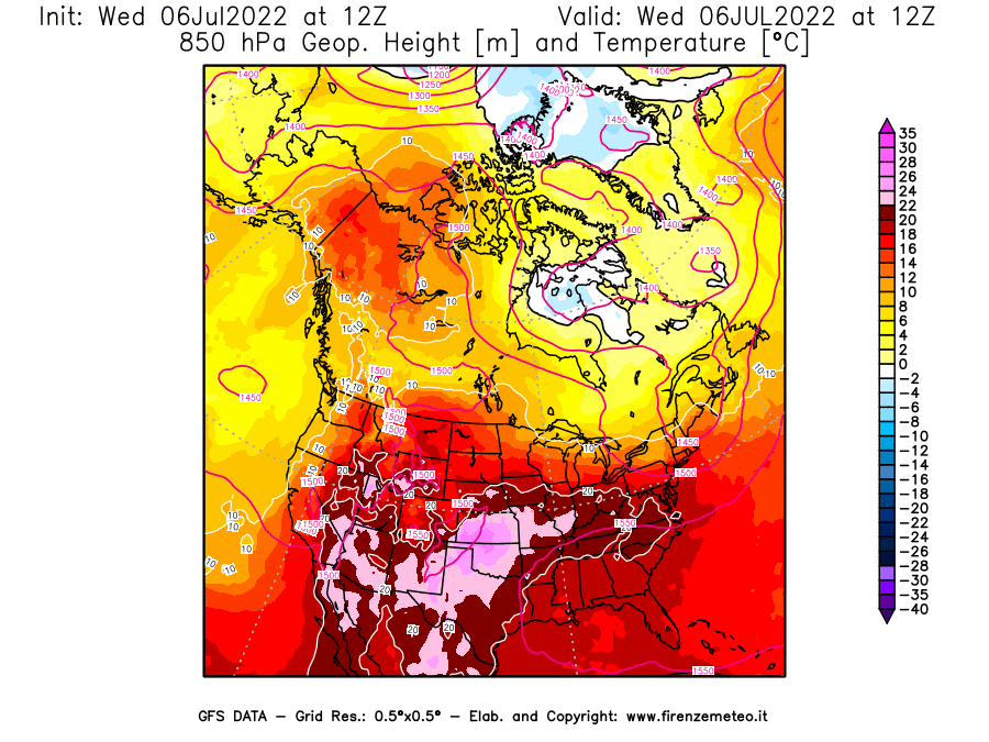 GFS analysi map - Geopotential [m] and Temperature [°C] at 850 hPa in North America
									on 06/07/2022 12 <!--googleoff: index-->UTC<!--googleon: index-->