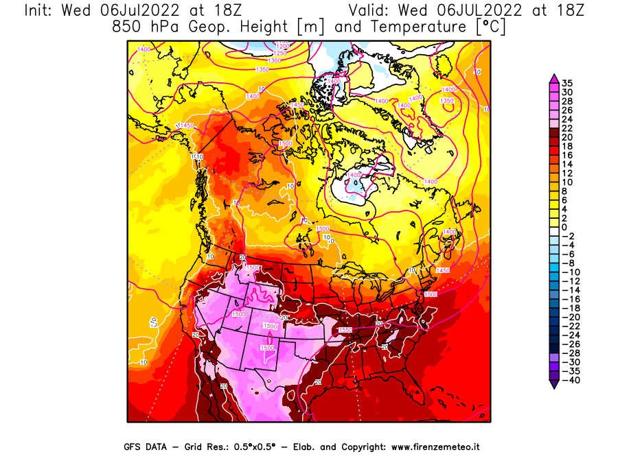 GFS analysi map - Geopotential [m] and Temperature [°C] at 850 hPa in North America
									on 06/07/2022 18 <!--googleoff: index-->UTC<!--googleon: index-->