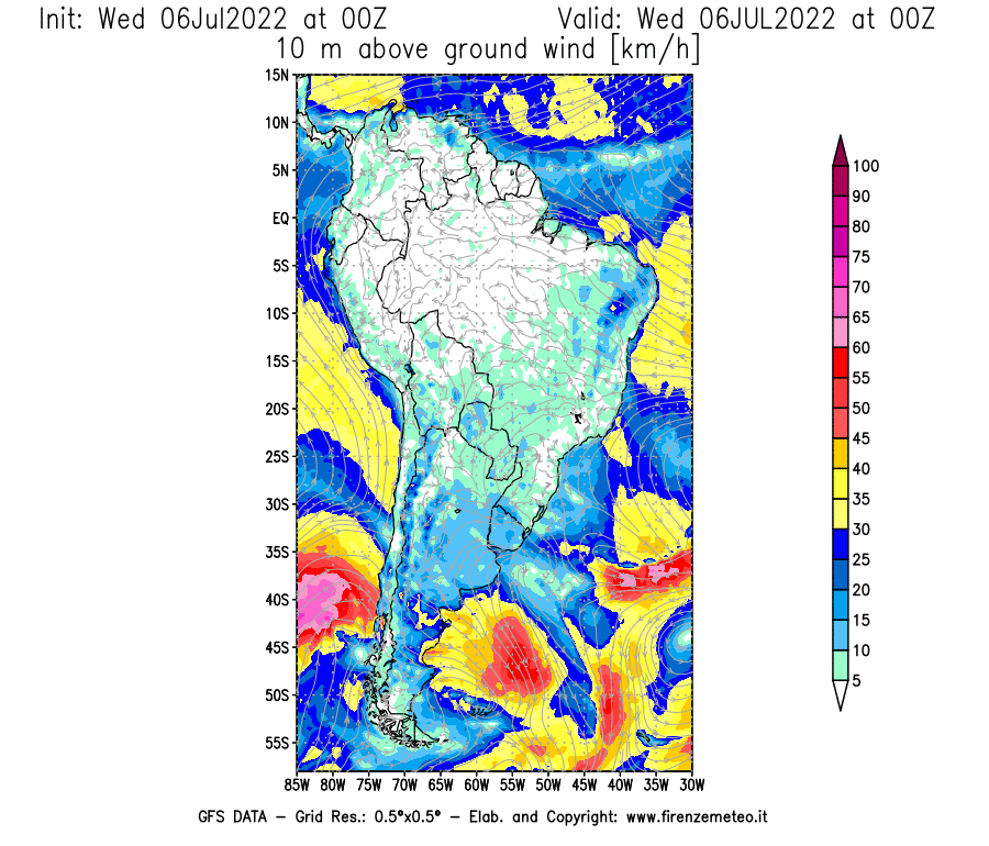 GFS analysi map - Wind Speed at 10 m above ground [km/h] in South America
									on 06/07/2022 00 <!--googleoff: index-->UTC<!--googleon: index-->