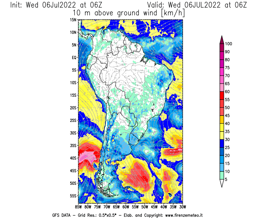 GFS analysi map - Wind Speed at 10 m above ground [km/h] in South America
									on 06/07/2022 06 <!--googleoff: index-->UTC<!--googleon: index-->