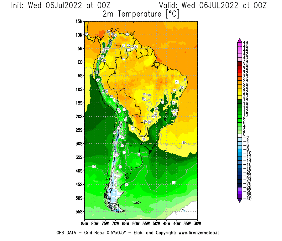 GFS analysi map - Temperature at 2 m above ground [°C] in South America
									on 06/07/2022 00 <!--googleoff: index-->UTC<!--googleon: index-->