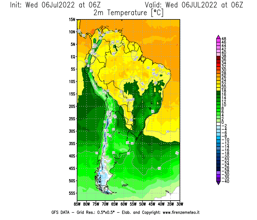 GFS analysi map - Temperature at 2 m above ground [°C] in South America
									on 06/07/2022 06 <!--googleoff: index-->UTC<!--googleon: index-->
