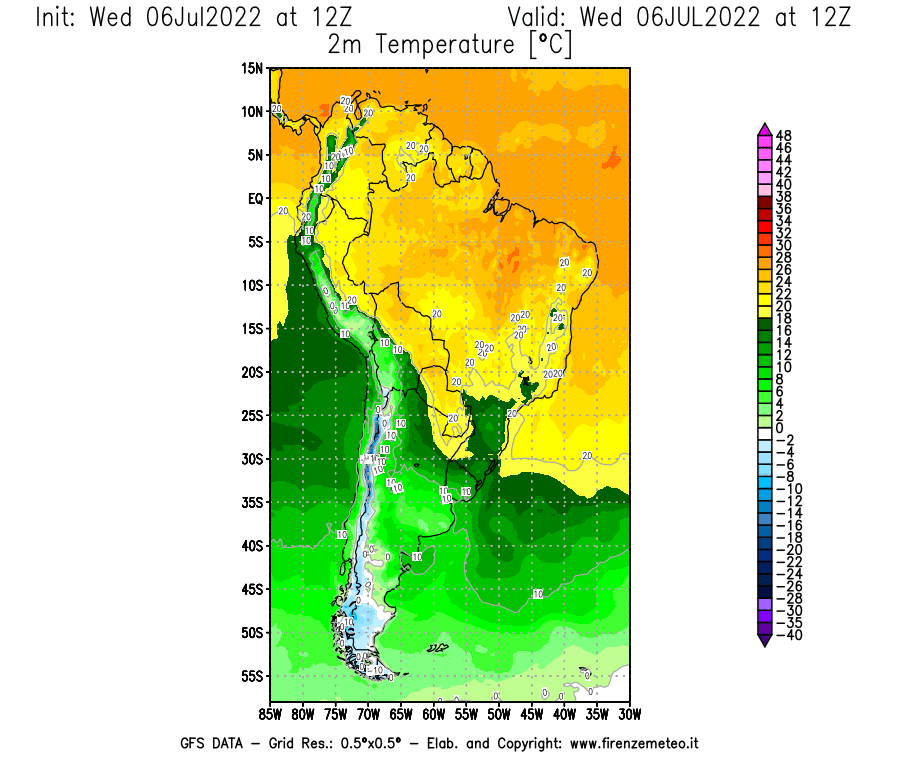 GFS analysi map - Temperature at 2 m above ground [°C] in South America
									on 06/07/2022 12 <!--googleoff: index-->UTC<!--googleon: index-->