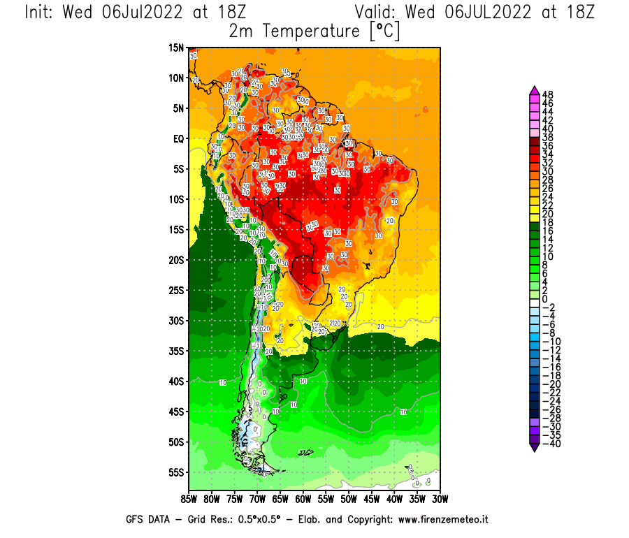 GFS analysi map - Temperature at 2 m above ground [°C] in South America
									on 06/07/2022 18 <!--googleoff: index-->UTC<!--googleon: index-->