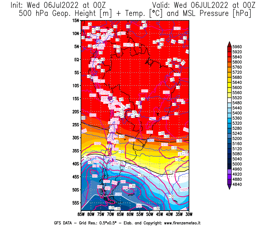 GFS analysi map - Geopotential [m] + Temp. [°C] at 500 hPa + Sea Level Pressure [hPa] in South America
									on 06/07/2022 00 <!--googleoff: index-->UTC<!--googleon: index-->