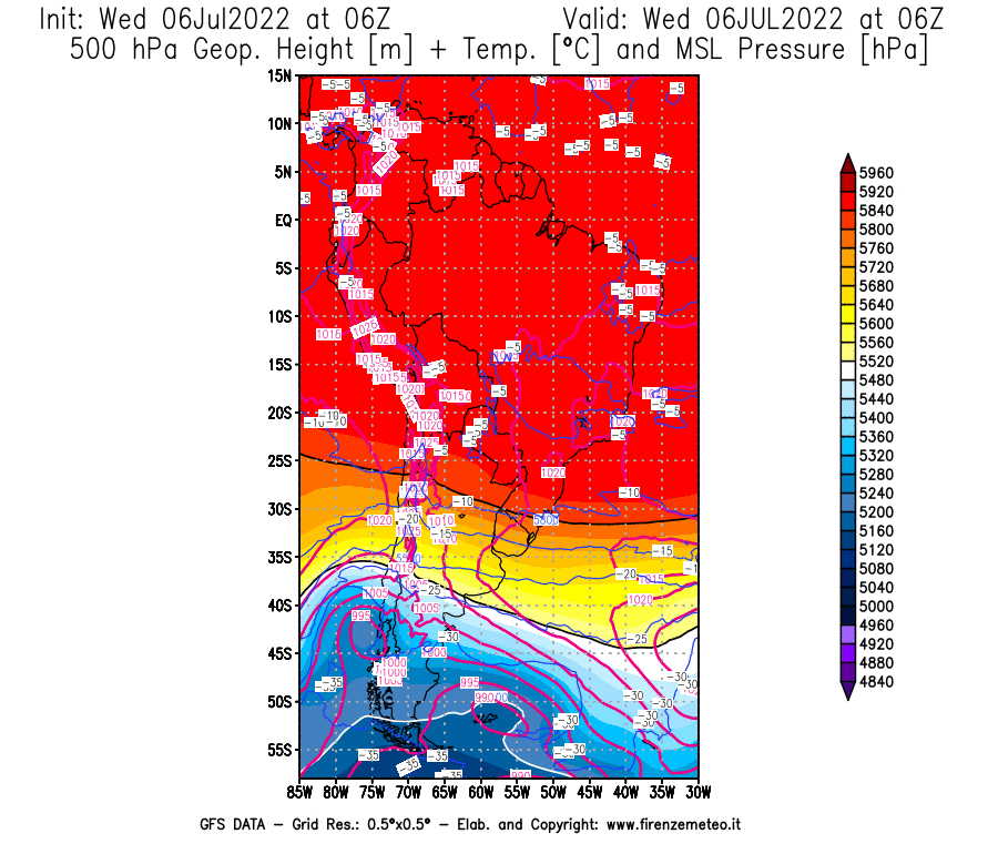 GFS analysi map - Geopotential [m] + Temp. [°C] at 500 hPa + Sea Level Pressure [hPa] in South America
									on 06/07/2022 06 <!--googleoff: index-->UTC<!--googleon: index-->