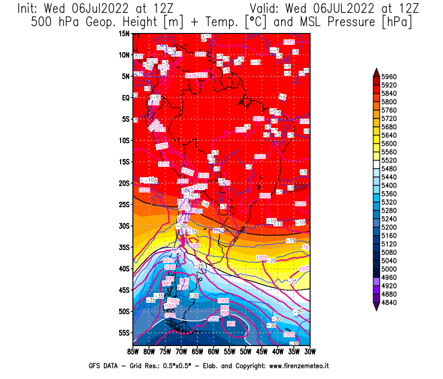 GFS analysi map - Geopotential [m] + Temp. [°C] at 500 hPa + Sea Level Pressure [hPa] in South America
									on 06/07/2022 12 <!--googleoff: index-->UTC<!--googleon: index-->