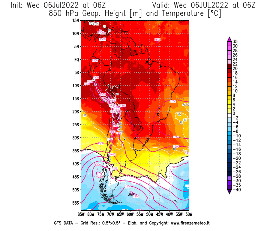 GFS analysi map - Geopotential [m] and Temperature [°C] at 850 hPa in South America
									on 06/07/2022 06 <!--googleoff: index-->UTC<!--googleon: index-->