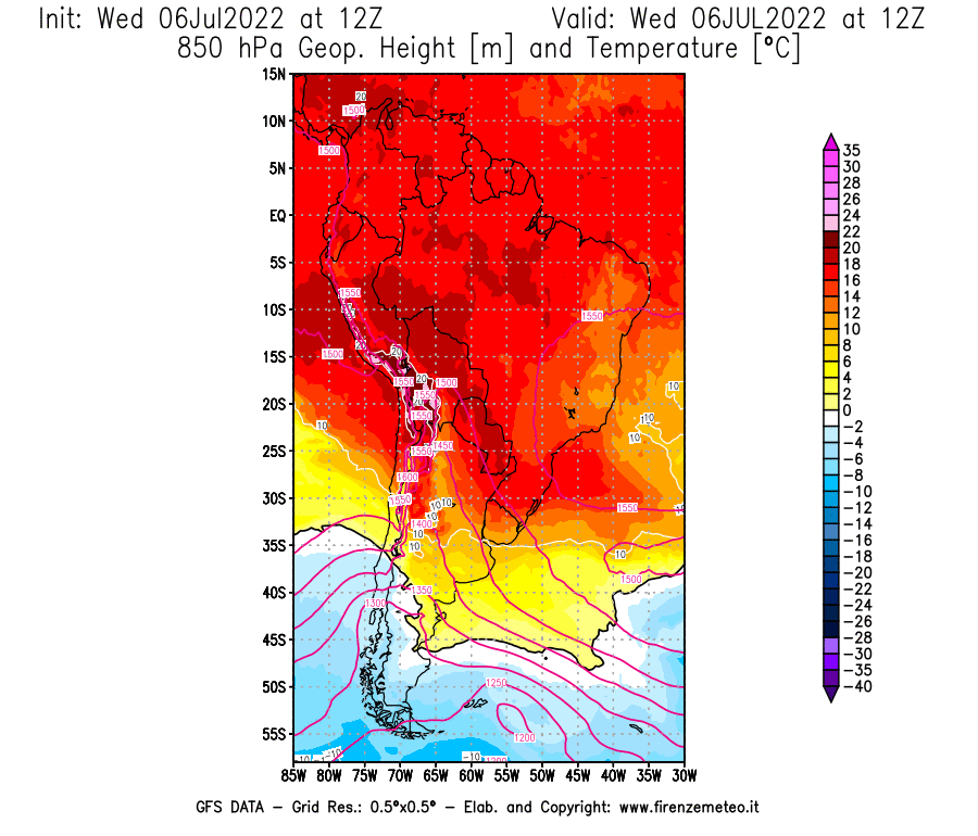 GFS analysi map - Geopotential [m] and Temperature [°C] at 850 hPa in South America
									on 06/07/2022 12 <!--googleoff: index-->UTC<!--googleon: index-->