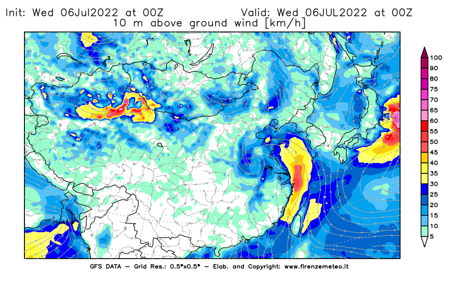 GFS analysi map - Wind Speed at 10 m above ground [km/h] in East Asia
									on 06/07/2022 00 <!--googleoff: index-->UTC<!--googleon: index-->