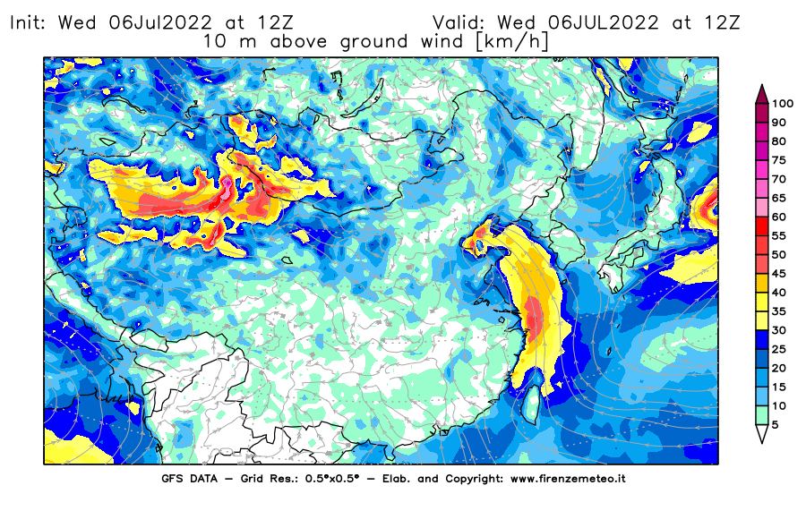 GFS analysi map - Wind Speed at 10 m above ground [km/h] in East Asia
									on 06/07/2022 12 <!--googleoff: index-->UTC<!--googleon: index-->