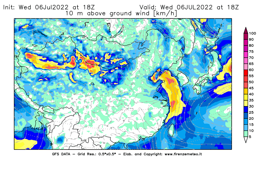 GFS analysi map - Wind Speed at 10 m above ground [km/h] in East Asia
									on 06/07/2022 18 <!--googleoff: index-->UTC<!--googleon: index-->