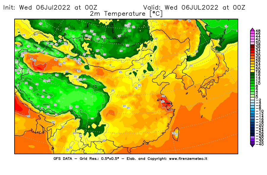 GFS analysi map - Temperature at 2 m above ground [°C] in East Asia
									on 06/07/2022 00 <!--googleoff: index-->UTC<!--googleon: index-->