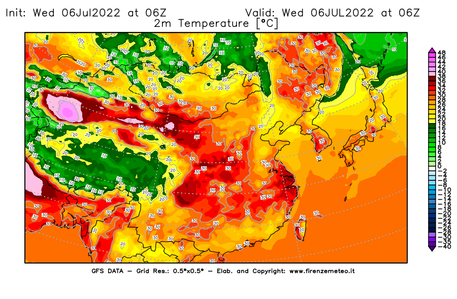 GFS analysi map - Temperature at 2 m above ground [°C] in East Asia
									on 06/07/2022 06 <!--googleoff: index-->UTC<!--googleon: index-->