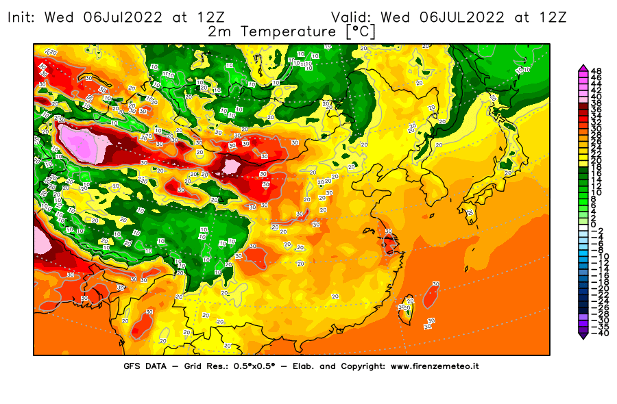GFS analysi map - Temperature at 2 m above ground [°C] in East Asia
									on 06/07/2022 12 <!--googleoff: index-->UTC<!--googleon: index-->