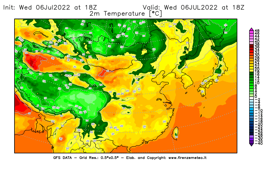 GFS analysi map - Temperature at 2 m above ground [°C] in East Asia
									on 06/07/2022 18 <!--googleoff: index-->UTC<!--googleon: index-->