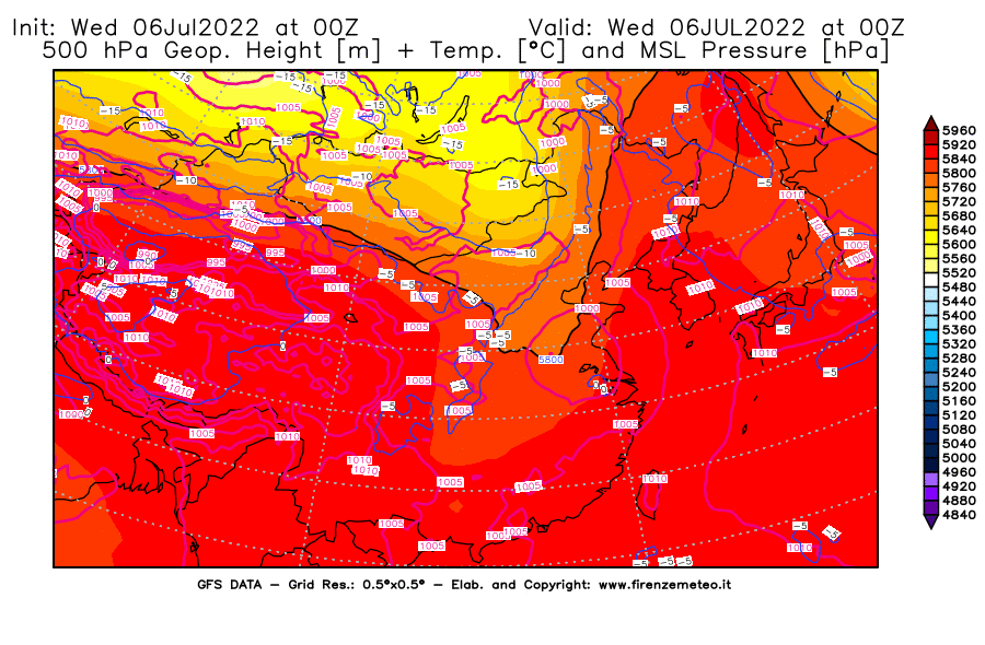 GFS analysi map - Geopotential [m] + Temp. [°C] at 500 hPa + Sea Level Pressure [hPa] in East Asia
									on 06/07/2022 00 <!--googleoff: index-->UTC<!--googleon: index-->