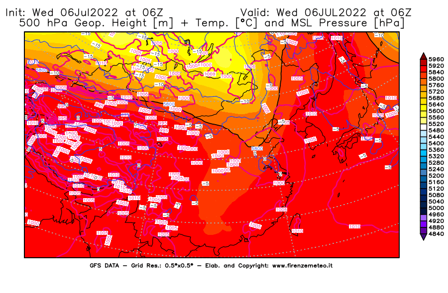 GFS analysi map - Geopotential [m] + Temp. [°C] at 500 hPa + Sea Level Pressure [hPa] in East Asia
									on 06/07/2022 06 <!--googleoff: index-->UTC<!--googleon: index-->