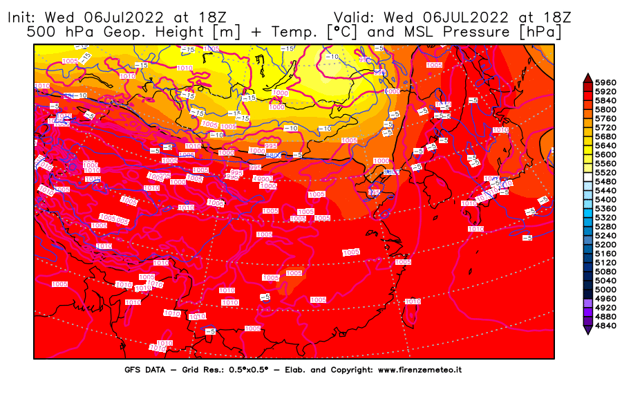 GFS analysi map - Geopotential [m] + Temp. [°C] at 500 hPa + Sea Level Pressure [hPa] in East Asia
									on 06/07/2022 18 <!--googleoff: index-->UTC<!--googleon: index-->