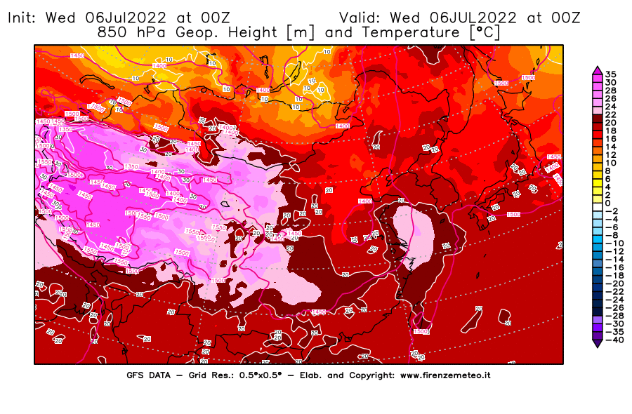 GFS analysi map - Geopotential [m] and Temperature [°C] at 850 hPa in East Asia
									on 06/07/2022 00 <!--googleoff: index-->UTC<!--googleon: index-->