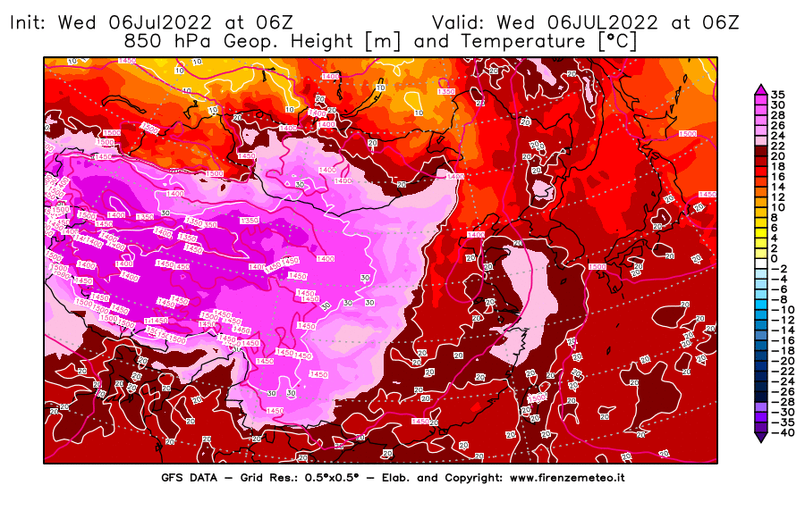 GFS analysi map - Geopotential [m] and Temperature [°C] at 850 hPa in East Asia
									on 06/07/2022 06 <!--googleoff: index-->UTC<!--googleon: index-->