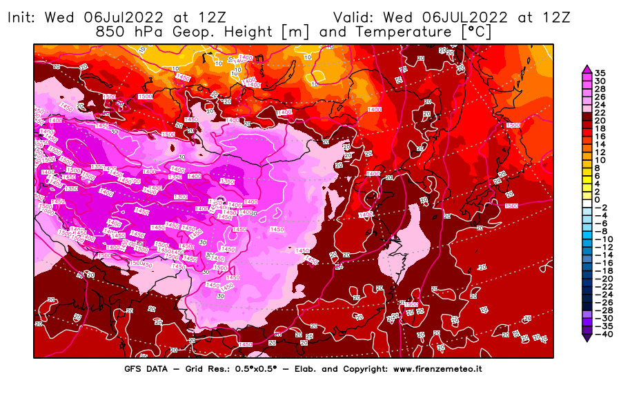 GFS analysi map - Geopotential [m] and Temperature [°C] at 850 hPa in East Asia
									on 06/07/2022 12 <!--googleoff: index-->UTC<!--googleon: index-->