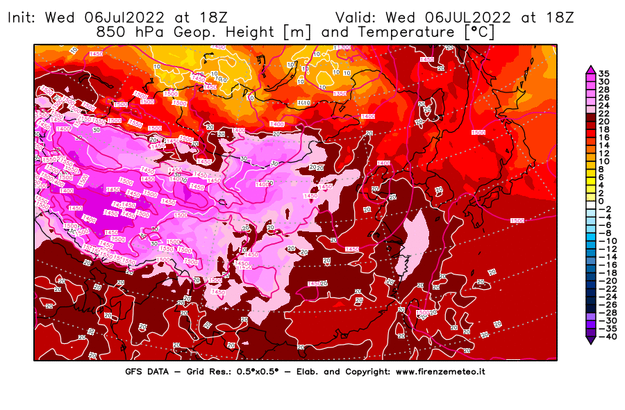 GFS analysi map - Geopotential [m] and Temperature [°C] at 850 hPa in East Asia
									on 06/07/2022 18 <!--googleoff: index-->UTC<!--googleon: index-->