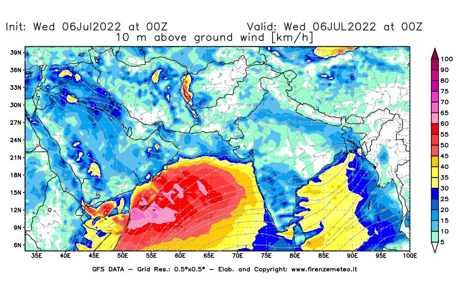 GFS analysi map - Wind Speed at 10 m above ground [km/h] in South West Asia 
									on 06/07/2022 00 <!--googleoff: index-->UTC<!--googleon: index-->