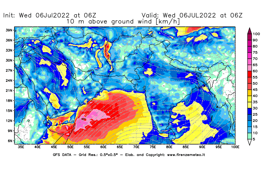 GFS analysi map - Wind Speed at 10 m above ground [km/h] in South West Asia 
									on 06/07/2022 06 <!--googleoff: index-->UTC<!--googleon: index-->