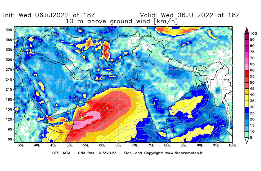 GFS analysi map - Wind Speed at 10 m above ground [km/h] in South West Asia 
									on 06/07/2022 18 <!--googleoff: index-->UTC<!--googleon: index-->