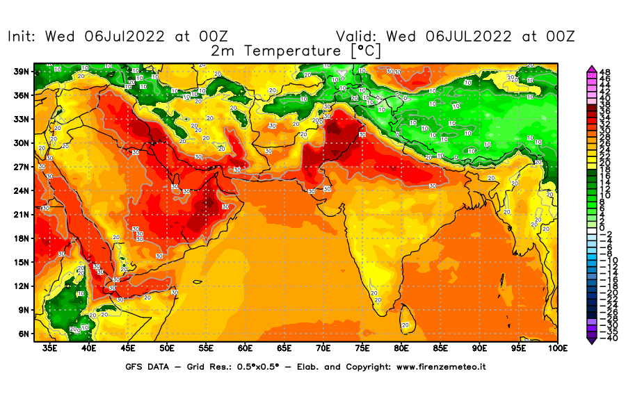 GFS analysi map - Temperature at 2 m above ground [°C] in South West Asia 
									on 06/07/2022 00 <!--googleoff: index-->UTC<!--googleon: index-->