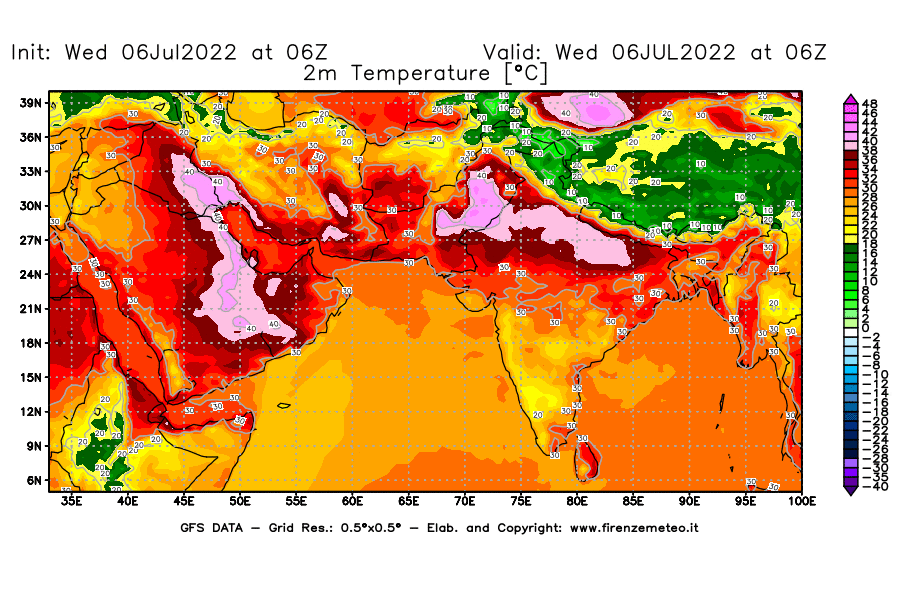 GFS analysi map - Temperature at 2 m above ground [°C] in South West Asia 
									on 06/07/2022 06 <!--googleoff: index-->UTC<!--googleon: index-->