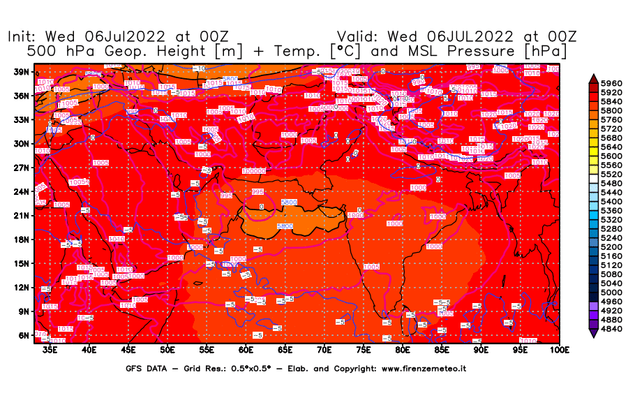GFS analysi map - Geopotential [m] + Temp. [°C] at 500 hPa + Sea Level Pressure [hPa] in South West Asia 
									on 06/07/2022 00 <!--googleoff: index-->UTC<!--googleon: index-->