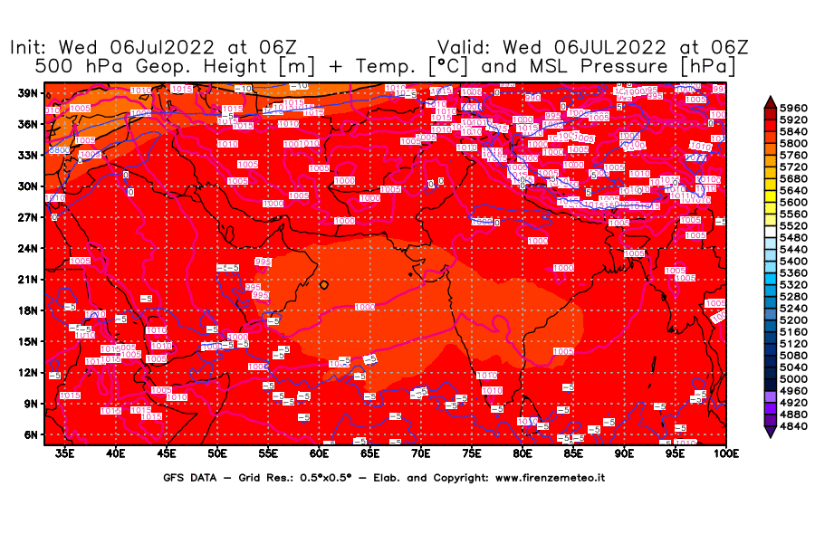 GFS analysi map - Geopotential [m] + Temp. [°C] at 500 hPa + Sea Level Pressure [hPa] in South West Asia 
									on 06/07/2022 06 <!--googleoff: index-->UTC<!--googleon: index-->