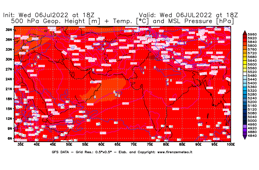 GFS analysi map - Geopotential [m] + Temp. [°C] at 500 hPa + Sea Level Pressure [hPa] in South West Asia 
									on 06/07/2022 18 <!--googleoff: index-->UTC<!--googleon: index-->