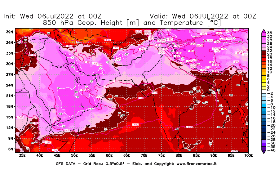 GFS analysi map - Geopotential [m] and Temperature [°C] at 850 hPa in South West Asia 
									on 06/07/2022 00 <!--googleoff: index-->UTC<!--googleon: index-->