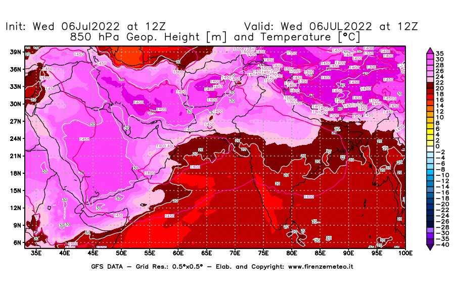 GFS analysi map - Geopotential [m] and Temperature [°C] at 850 hPa in South West Asia 
									on 06/07/2022 12 <!--googleoff: index-->UTC<!--googleon: index-->
