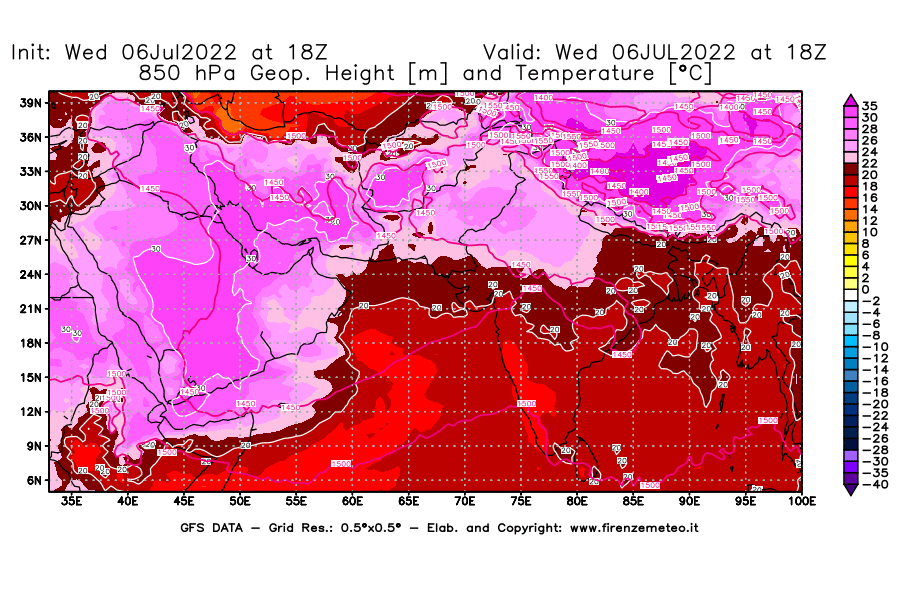 GFS analysi map - Geopotential [m] and Temperature [°C] at 850 hPa in South West Asia 
									on 06/07/2022 18 <!--googleoff: index-->UTC<!--googleon: index-->