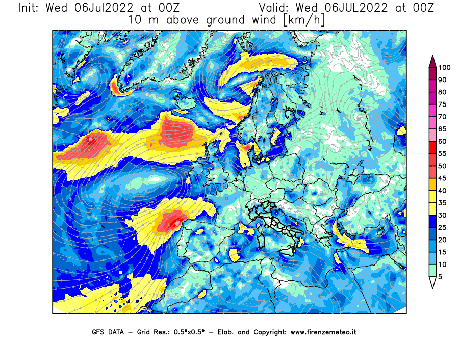 GFS analysi map - Wind Speed at 10 m above ground [km/h] in Europe
									on 06/07/2022 00 <!--googleoff: index-->UTC<!--googleon: index-->
