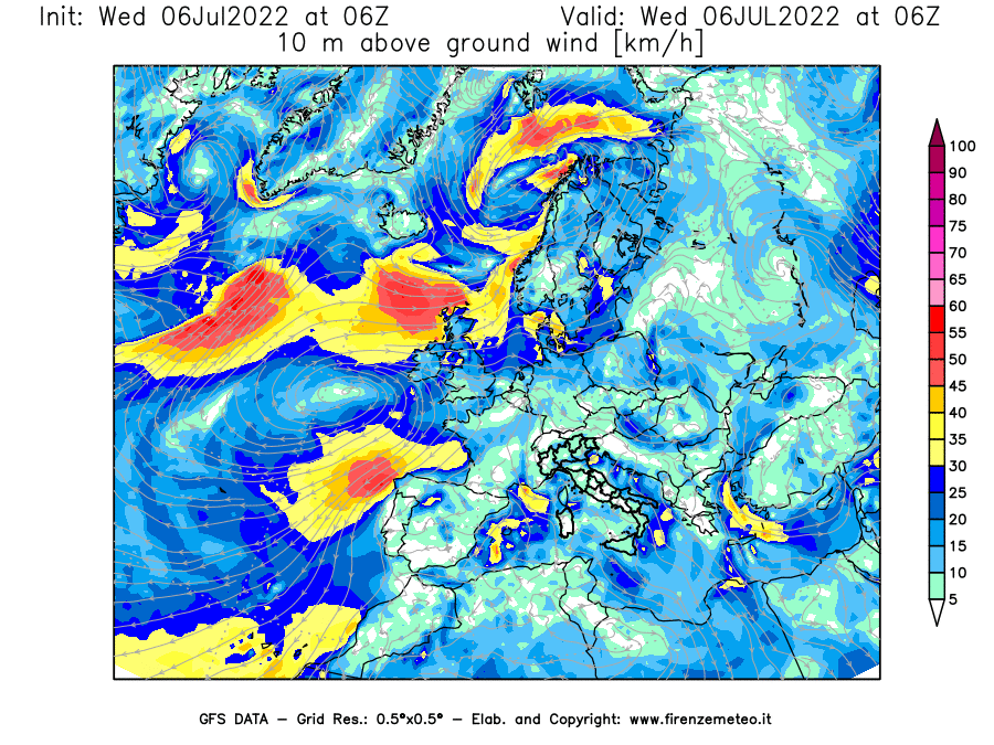 GFS analysi map - Wind Speed at 10 m above ground [km/h] in Europe
									on 06/07/2022 06 <!--googleoff: index-->UTC<!--googleon: index-->