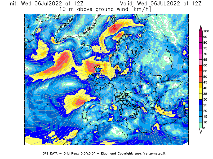 GFS analysi map - Wind Speed at 10 m above ground [km/h] in Europe
									on 06/07/2022 12 <!--googleoff: index-->UTC<!--googleon: index-->