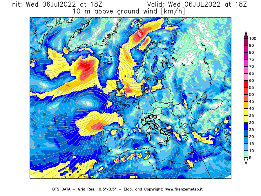 GFS analysi map - Wind Speed at 10 m above ground [km/h] in Europe
									on 06/07/2022 18 <!--googleoff: index-->UTC<!--googleon: index-->
